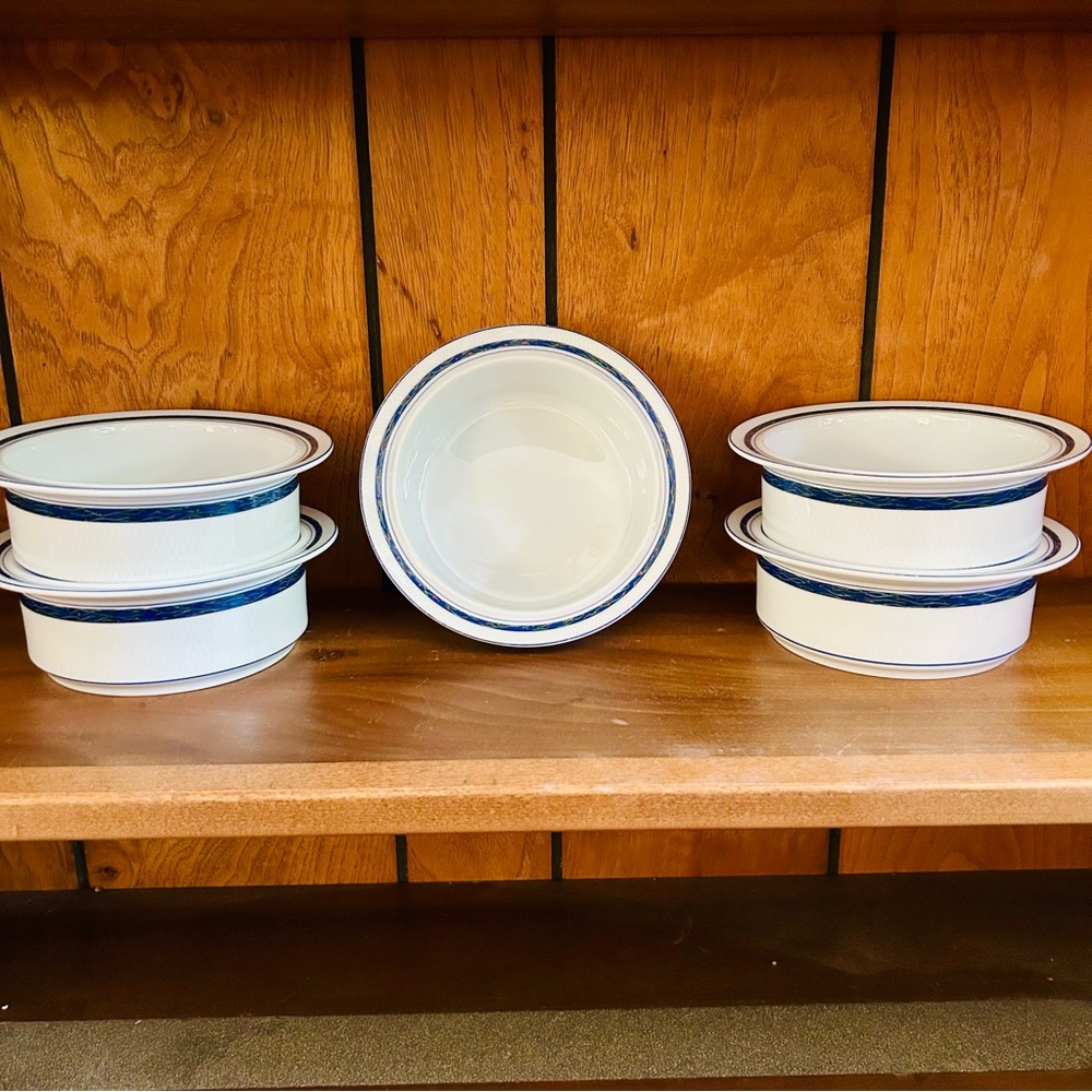 Dansk New Scandia Raised Lattice Blue Green Floral Rimmed Cereal Bowls Set of 5